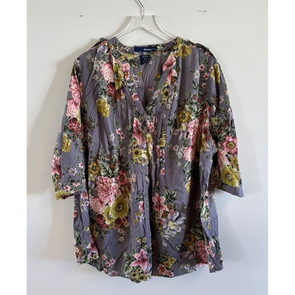 Denim 24/7 Womens Plus 26W Floral Cotton Pintuck Button Front Tunic Blouse